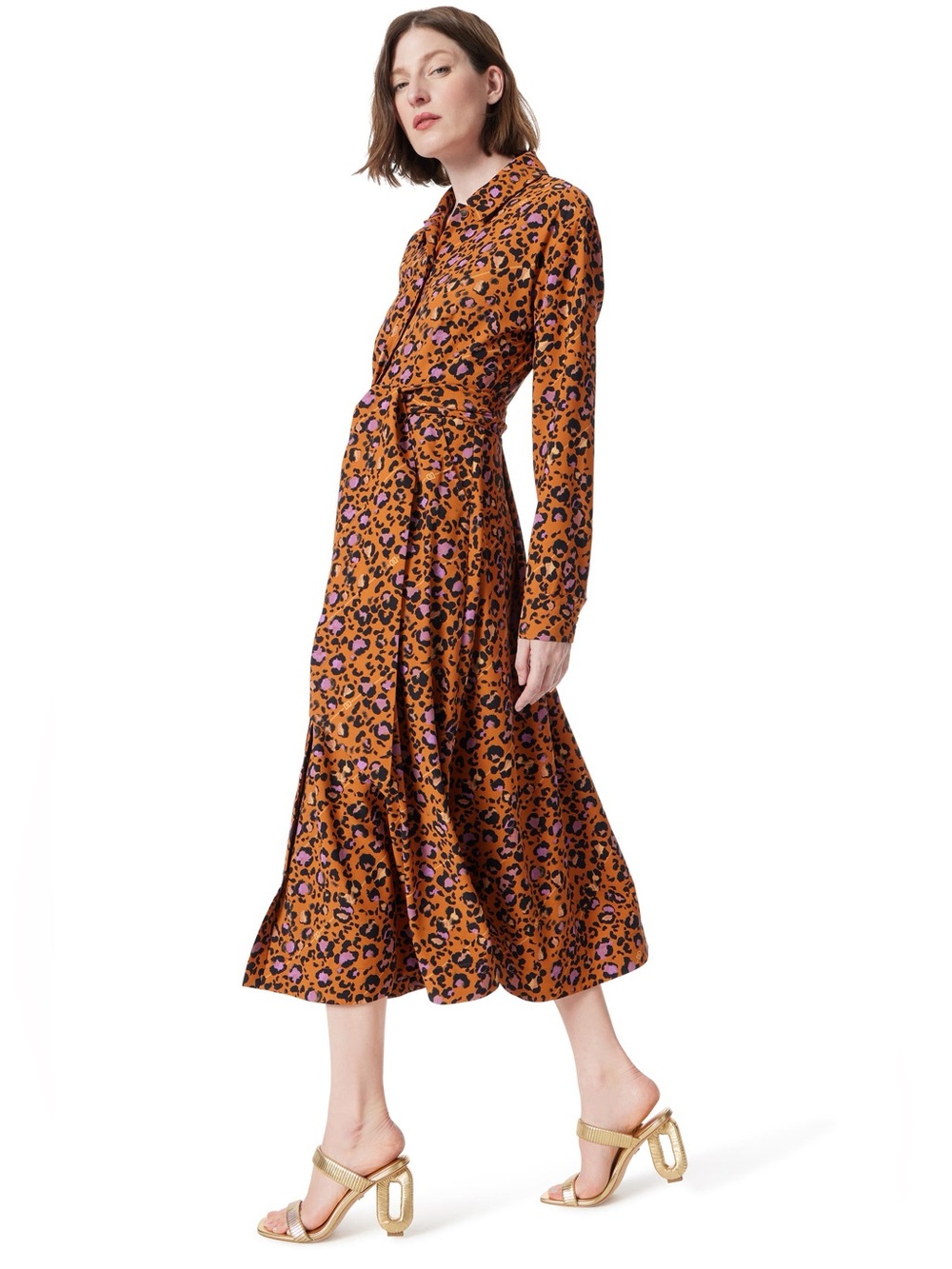 DO Dee Ocleppo AVA Leopard Animal Print Tie Waist Shirtdress Maxi Long Sleeve